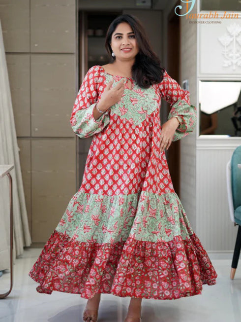 RED/GREEN COTTON JAIPURI DRESS