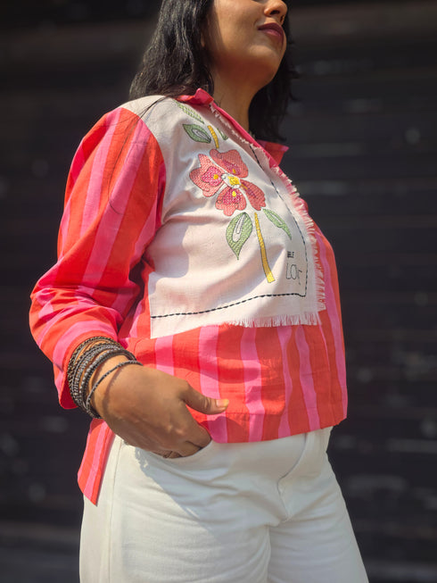 Pink Floral Embroidered Shirt For Women