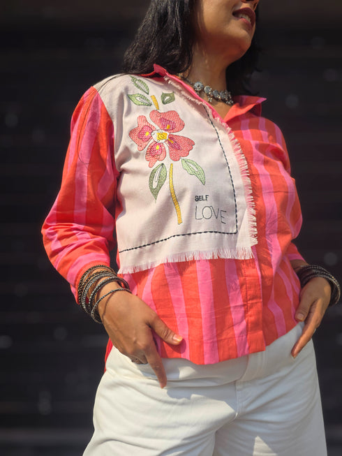 Pink Floral Embroidered Shirt For Women