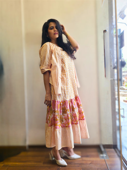 Mustard Yellow Printed Midi Dress with Striped Shirt
