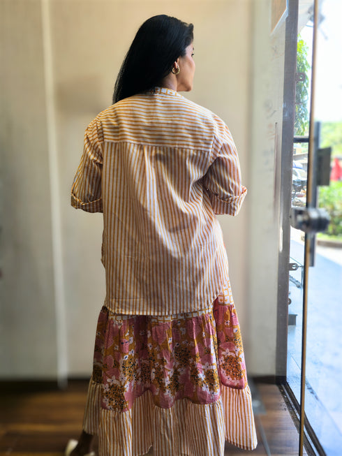 Mustard Yellow Printed Midi Dress with Striped Shirt