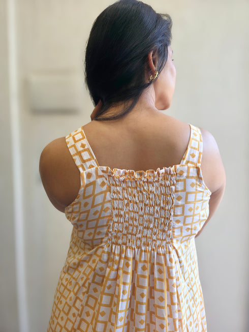 Mustard Yellow Printed Midi Dress with Striped Shirt