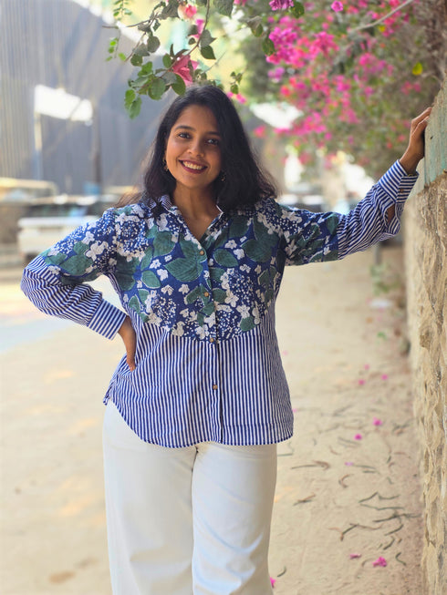 Blue Floral Patchwork Shirt