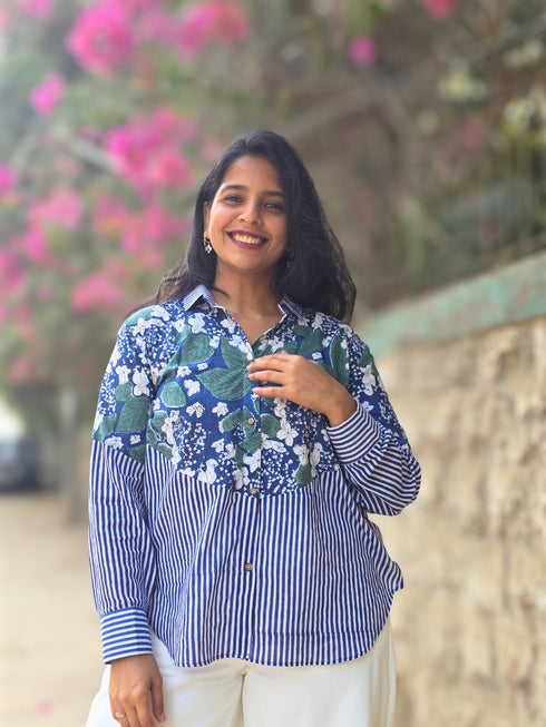 Blue Floral Patchwork Shirt
