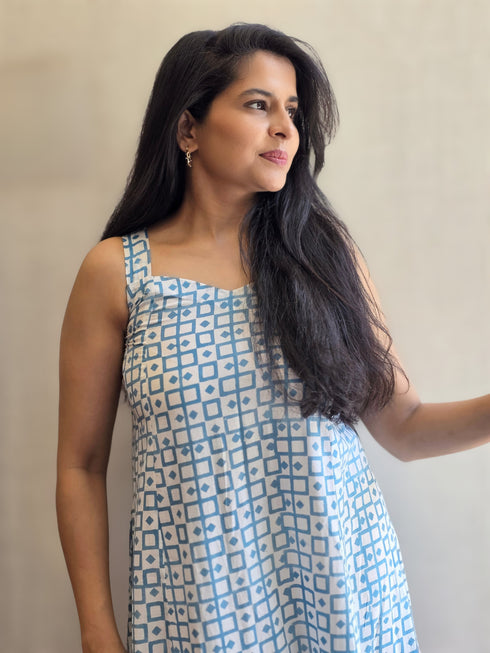 Blue Printed Midi Dress with Striped Shirt