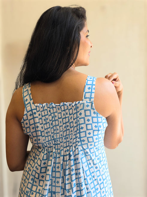 Blue Printed Midi Dress with Striped Shirt