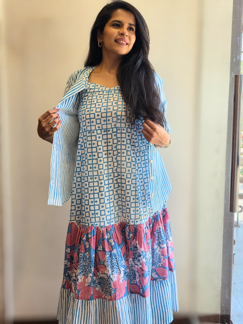 Blue Printed Midi Dress with Striped Shirt