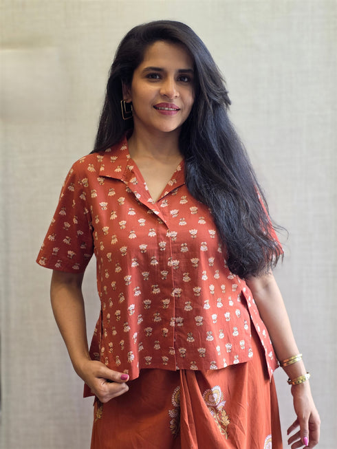 RUST ORANGE COTTON BLOCK PRINT CO-ORD WITH DRAPE KNOT SKIRT
