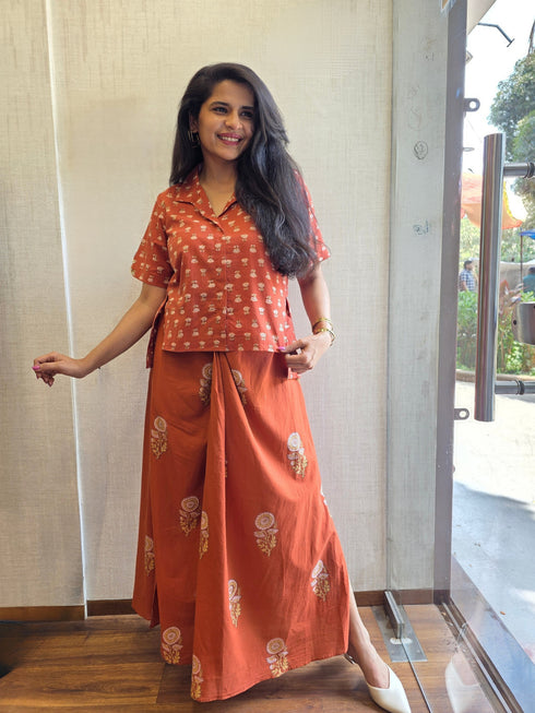 RUST ORANGE COTTON BLOCK PRINT CO-ORD WITH DRAPE KNOT SKIRT