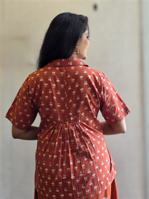 RUST ORANGE COTTON BLOCK PRINT CO-ORD WITH DRAPE KNOT SKIRT