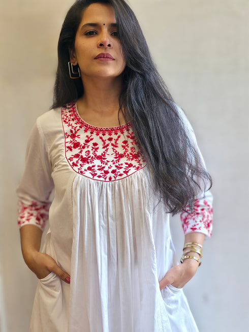 White Cotton Embroidered Kurta Set with Tulip Pants