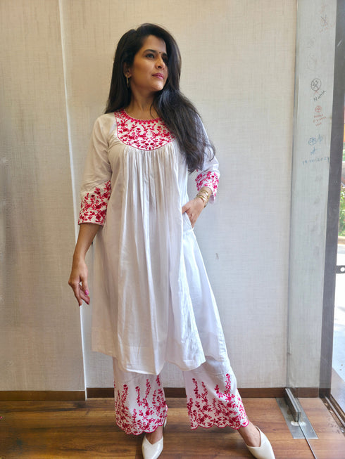 White Cotton Embroidered Kurta Set with Tulip Pants