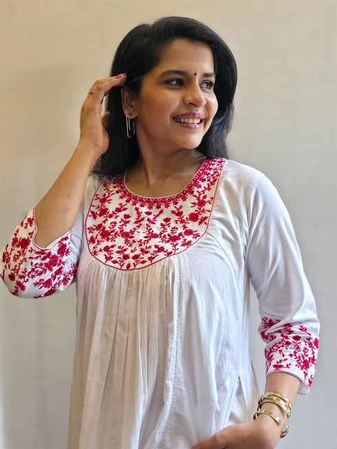 White Cotton Embroidered Kurta Set with Tulip Pants