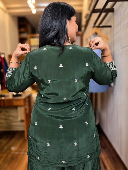 Emerald Green Embroidered Kurta Set with Sharara & Dupatta