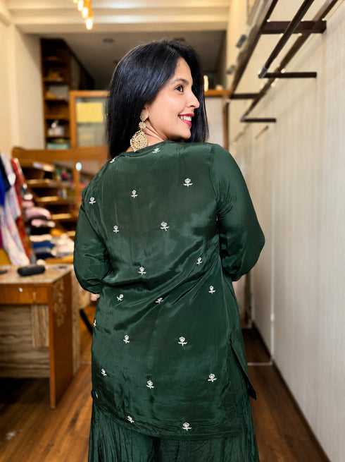 Emerald Green Embroidered Kurta Set with Sharara & Dupatta