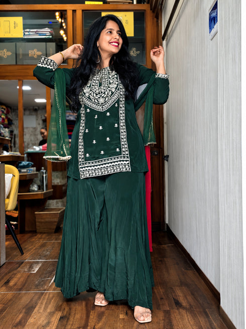 Emerald Green Embroidered Kurta Set with Sharara & Dupatta