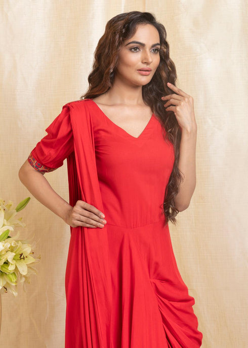 RED DRAPE SAREE